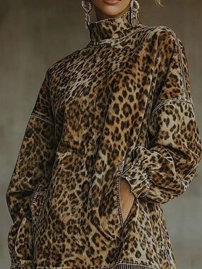 Women's leopard-print mini dress with tassels, long sleeves, high neck, pockets,
